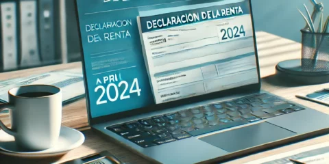 Escritorio con documentos fiscales, un portátil mostrando la declaración de la Renta 2024 y un calendario marcado en el 2 de abril.