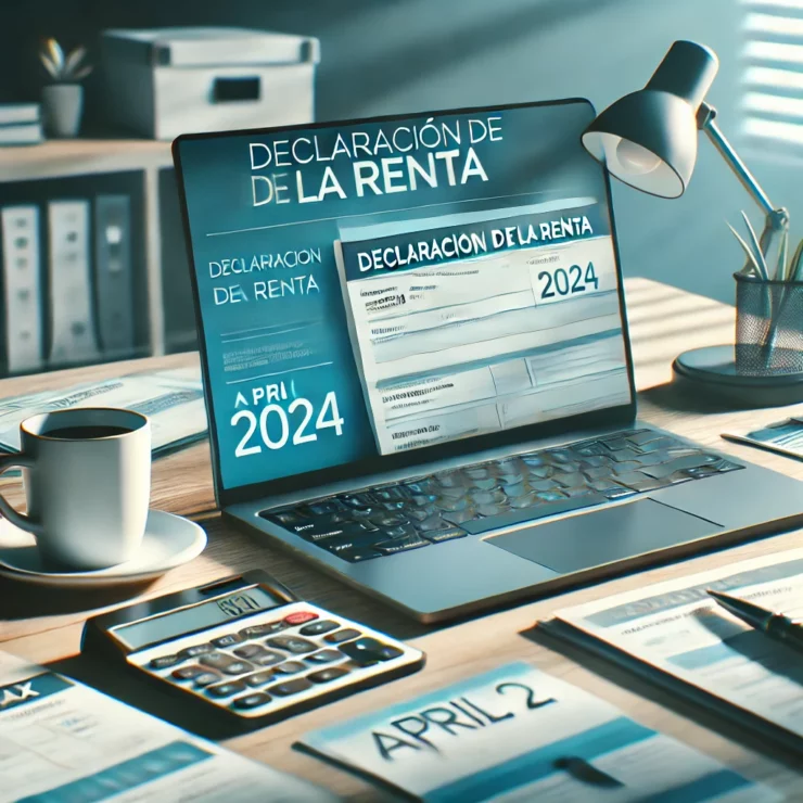 Escritorio con documentos fiscales, un portátil mostrando la declaración de la Renta 2024 y un calendario marcado en el 2 de abril.
