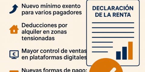 Infografía con las principales novedades de la Declaración de la Renta 2024, incluyendo deducciones, mínimos exentos, control de ventas digitales y nuevas formas de pago.