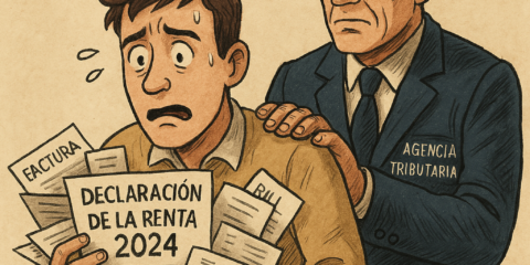 Hombre preocupado con formularios de la Declaración de la Renta 2024 mientras un inspector de la Agencia Tributaria lo señala.