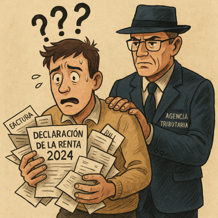 Hombre preocupado con formularios de la Declaración de la Renta 2024 mientras un inspector de la Agencia Tributaria lo señala.