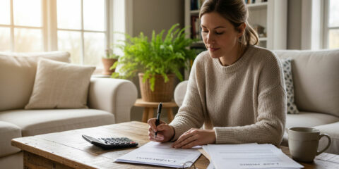 Propietario revisando gastos y contrato de alquiler de vivienda