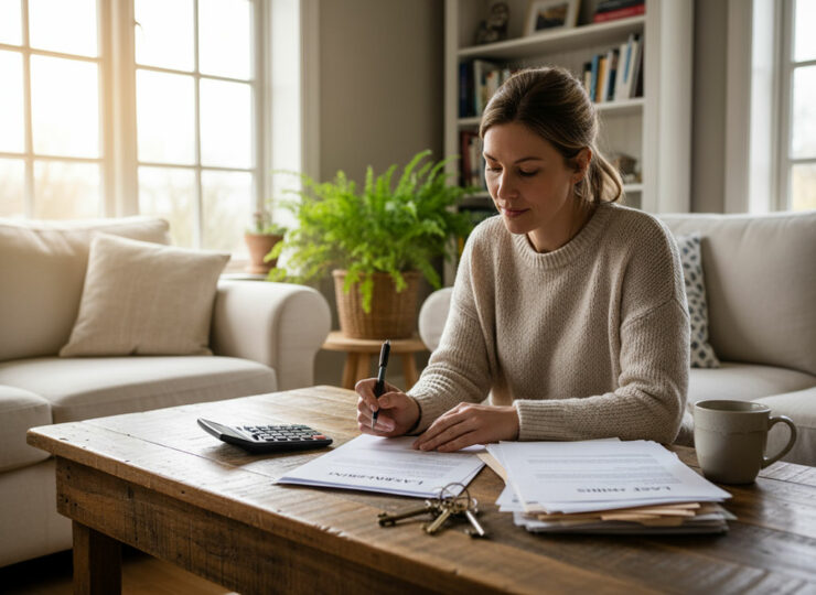 Propietario revisando gastos y contrato de alquiler de vivienda