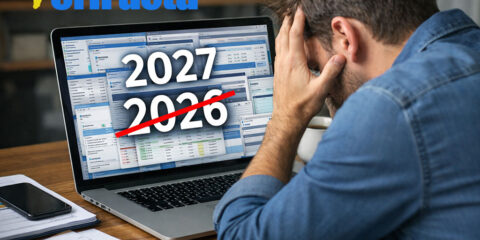 Persona estresada frente a un portátil con múltiples ventanas de programas de facturación y el año 2026 tachado en rojo, destacando 2027 en la pantalla