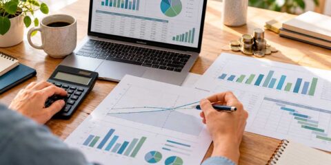 Persona analizando la viabilidad de un negocio con una calculadora, un portátil y gráficos de previsiones financieras.